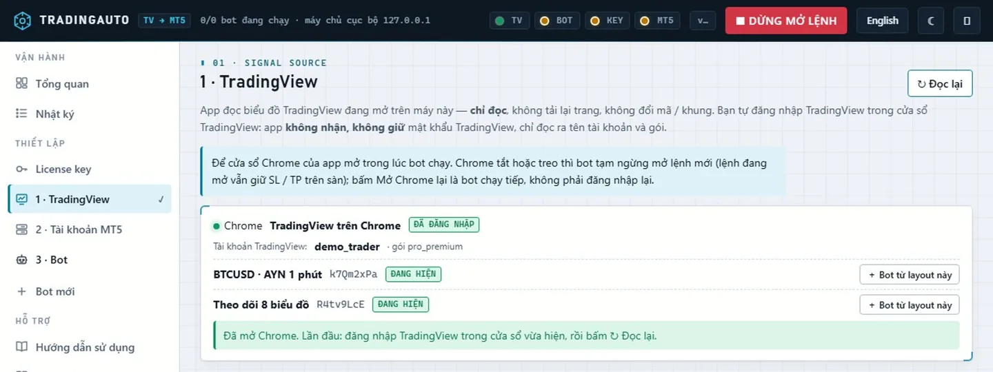 Mục TradingView: tài khoản TradingView đang đăng nhập và các layout của bot, mỗi layout một nút + Bot từ layout này.