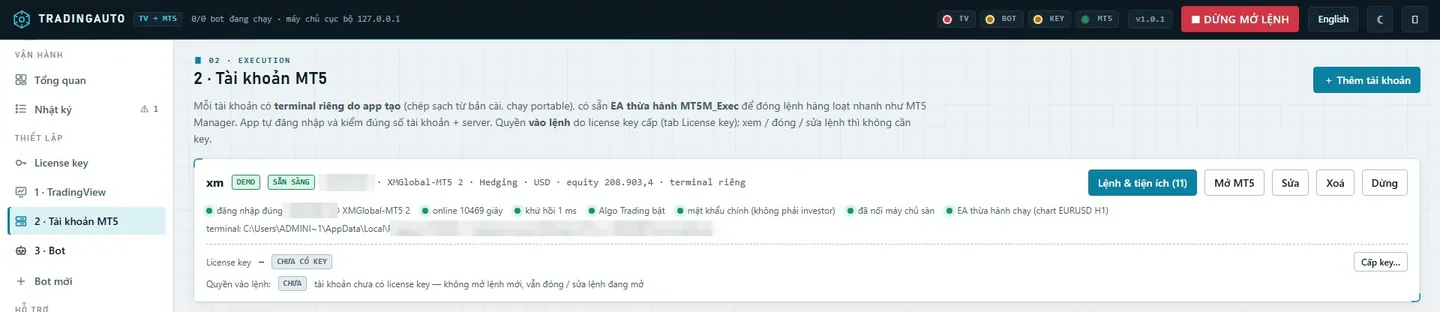 Thẻ tài khoản lên SẴN SÀNG: đăng nhập đúng, online, Algo Trading bật, EA thừa hành chạy.