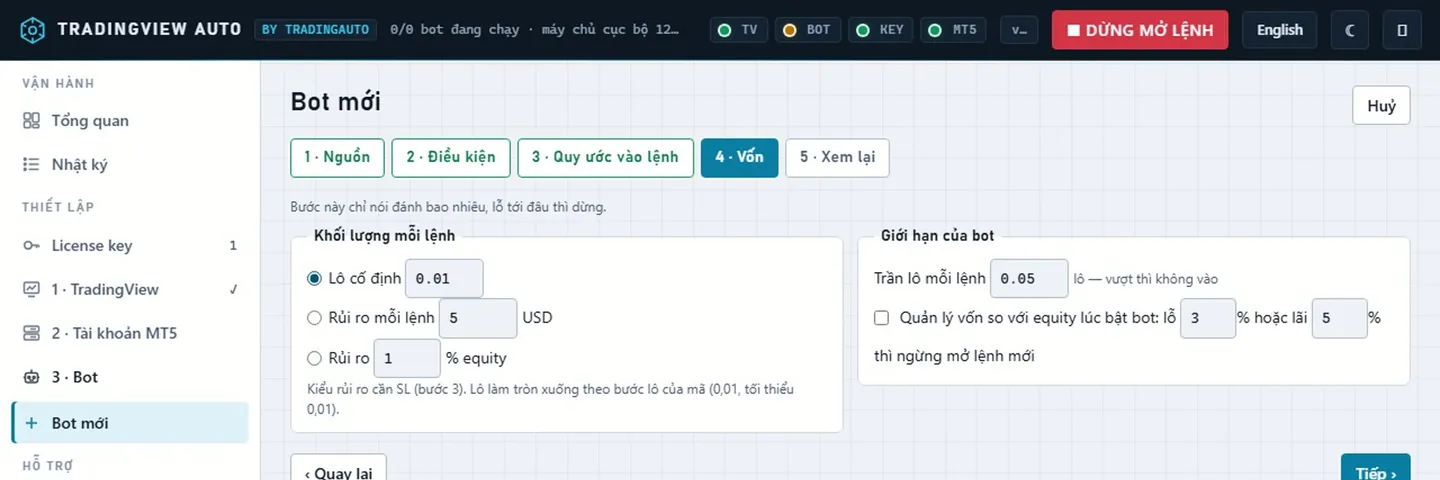 5.4 Vốn: lô cố định hoặc theo rủi ro, trần lô, dừng khi lỗ / lãi đủ %.