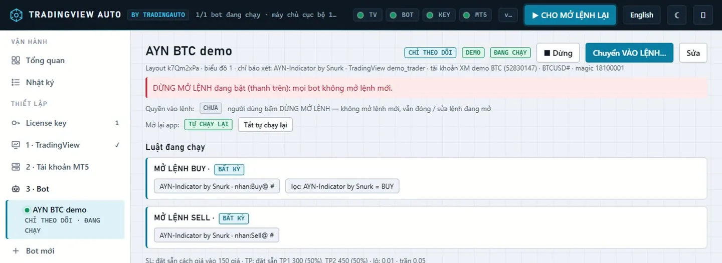 Đang bật DỪNG MỞ LỆNH: thanh đỏ trên cùng, mọi bot không mở lệnh mới.