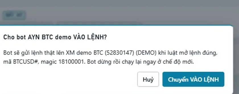 Hộp xác nhận Chuyển VÀO LỆNH (dữ liệu demo).